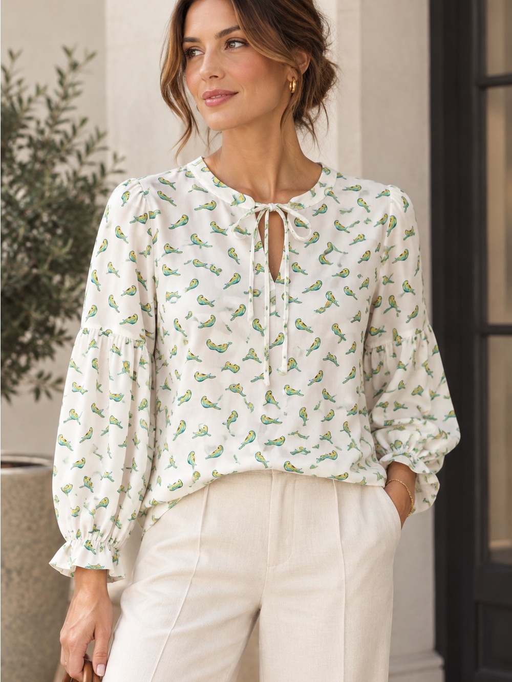Rose & Olive Cream Bird-Print Tie-Neck Blouse